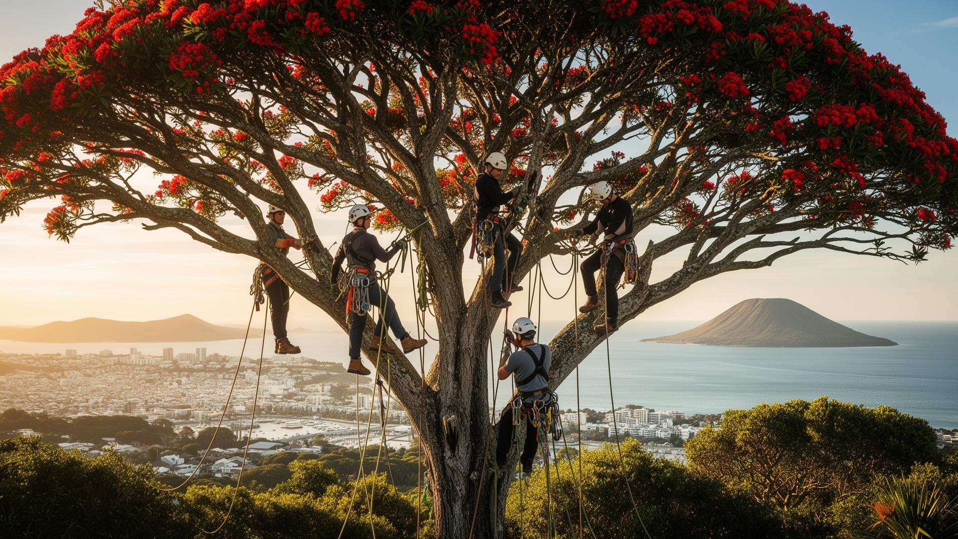 Crew of qualified arborists working in a mature pohutukawa above the Auckland coastline at golden hour